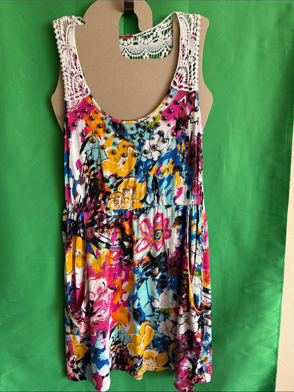 Crochet-Trim Floral Tank Mini Dress - Multicolor